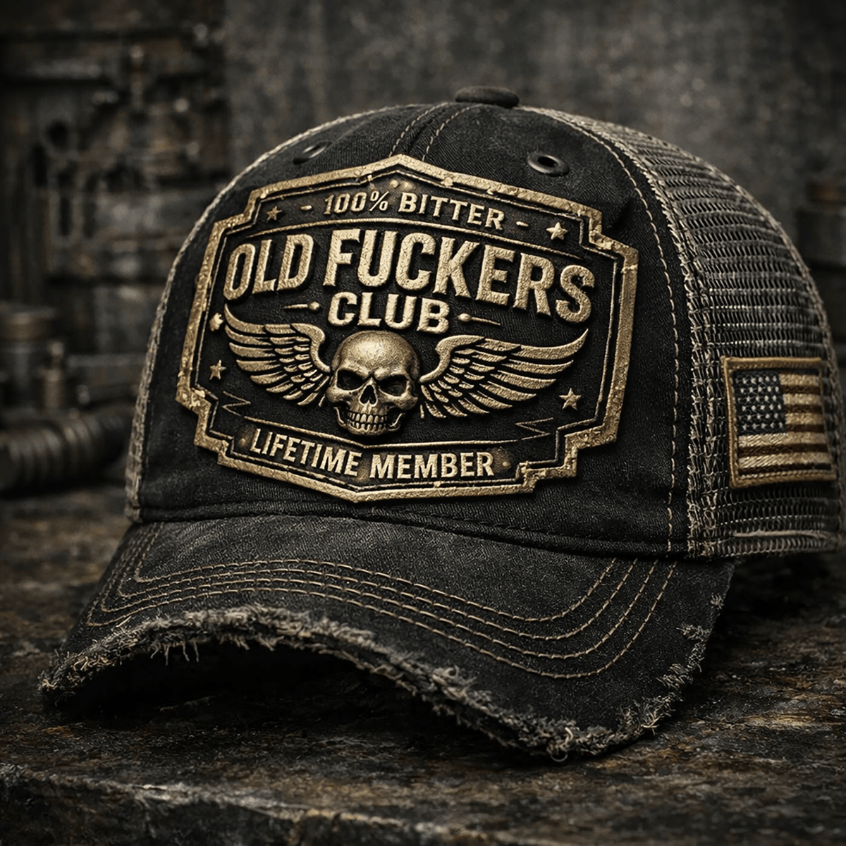 Old Fuckers Club Lifetime Member Printed Trucker Cap, Vintage Skull Biker Hat Print, Funny Old Man Cap for Men, Father’s Day Gift for Dad