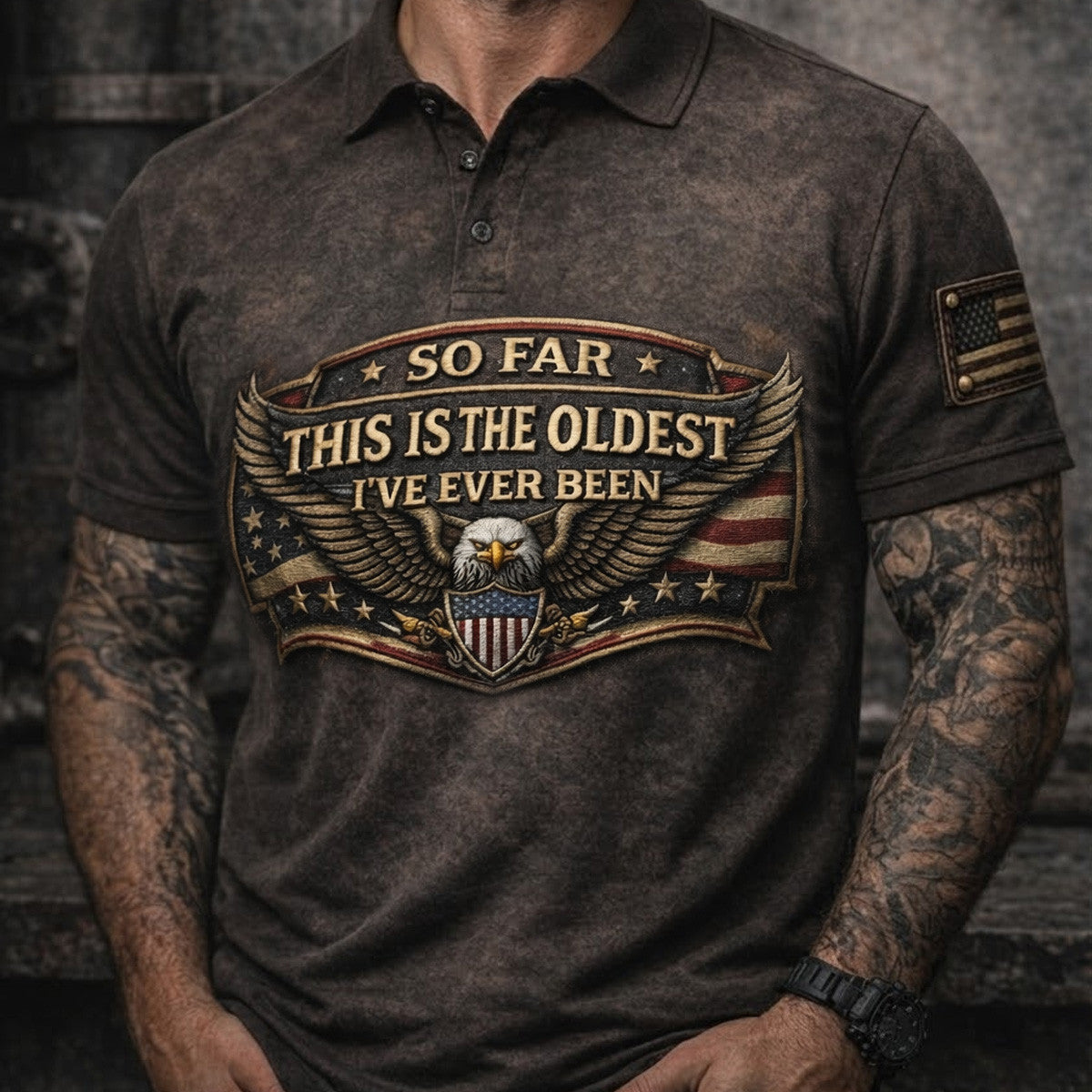 So Far This Is The Oldest I’ve Ever Been Eagle USA Flag Printed Polo Shirt Funny Patriotic Shirt Gift for Dad Father’s Day American Pride Shirt