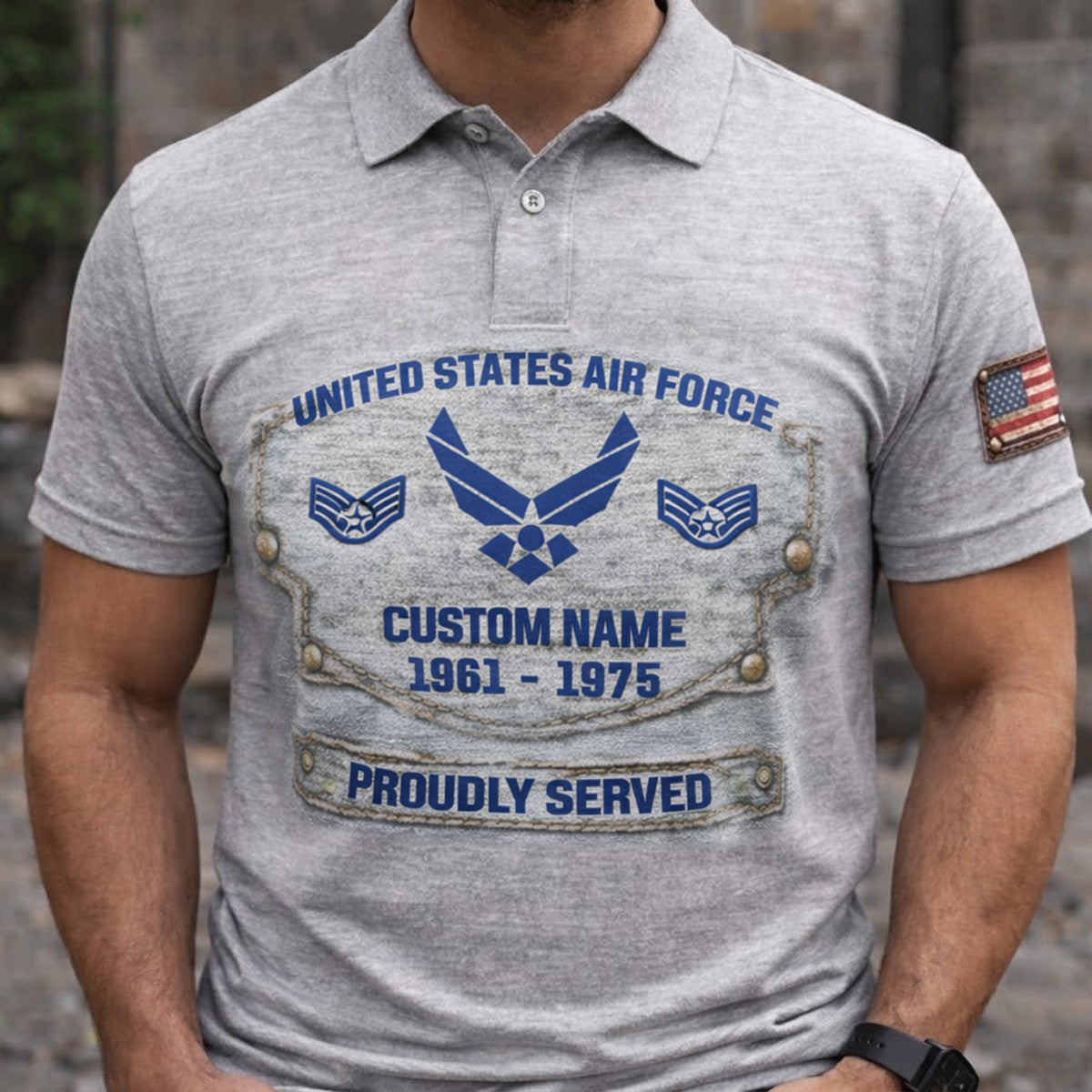 United States Air Force Custom Name 1961 1975 Proudly Served Printed Polo Shirt Personalized USAF Veteran Polo Gift for Dad Father’s Day Air Force Military Pride Shirt