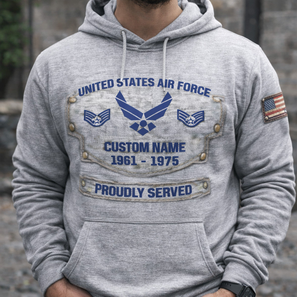 United States Air Force Custom Name 1961 1975 Proudly Served Printed Hoodie Personalized USAF Veteran Hoodie Gift for Dad Father’s Day Air Force Military Pride Hoodie