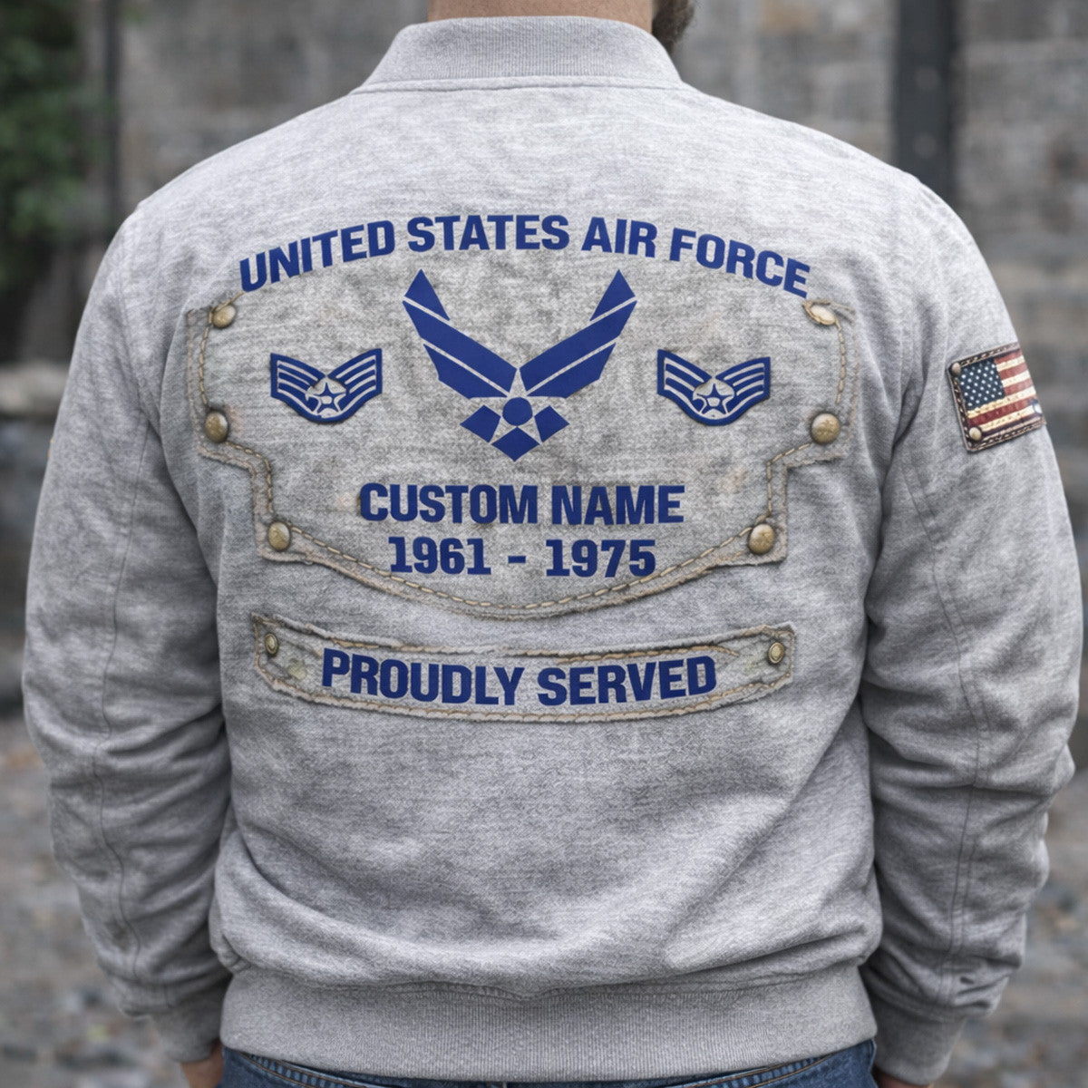 United States Air Force Custom Name 1961 1975 Proudly Served Printed Bomber Jacket Personalized USAF Veteran Jacket Gift for Dad Father’s Day