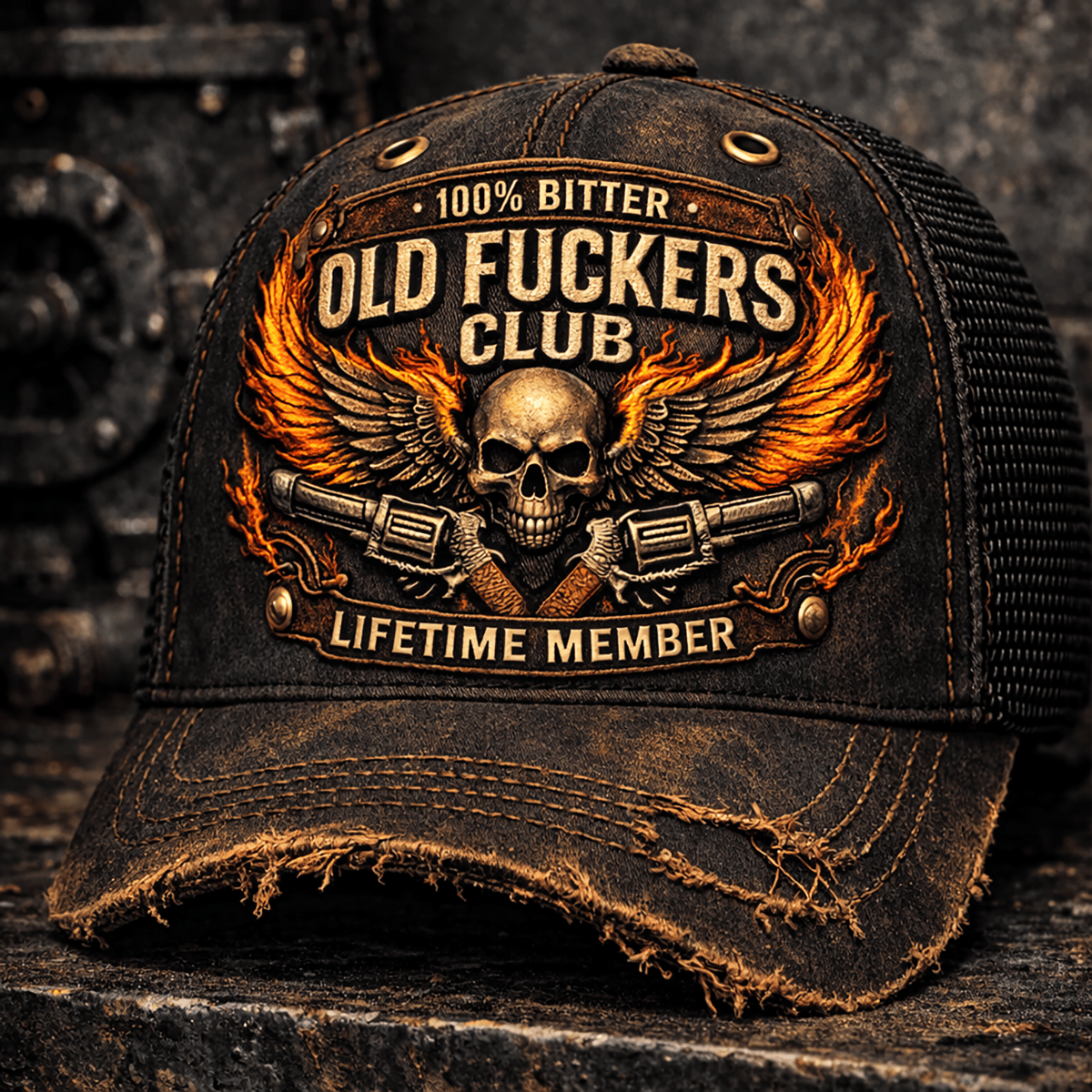 Bitter Old Fckers Club Lifetime Member Skull Wings Printed Vintage Cap Funny Biker Hat Gift for Dad Father’s Day Rebel Style Cap