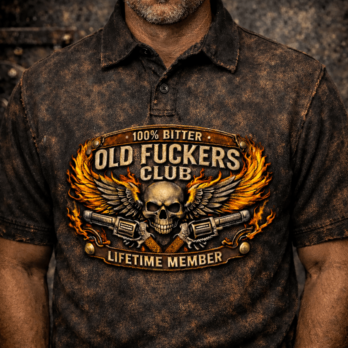 Bitter Old Fckers Club Lifetime Member Skull Wings Printed Polo Shirt Funny Biker Style Apparel Gift for Dad Father’s Day Rebel Polo