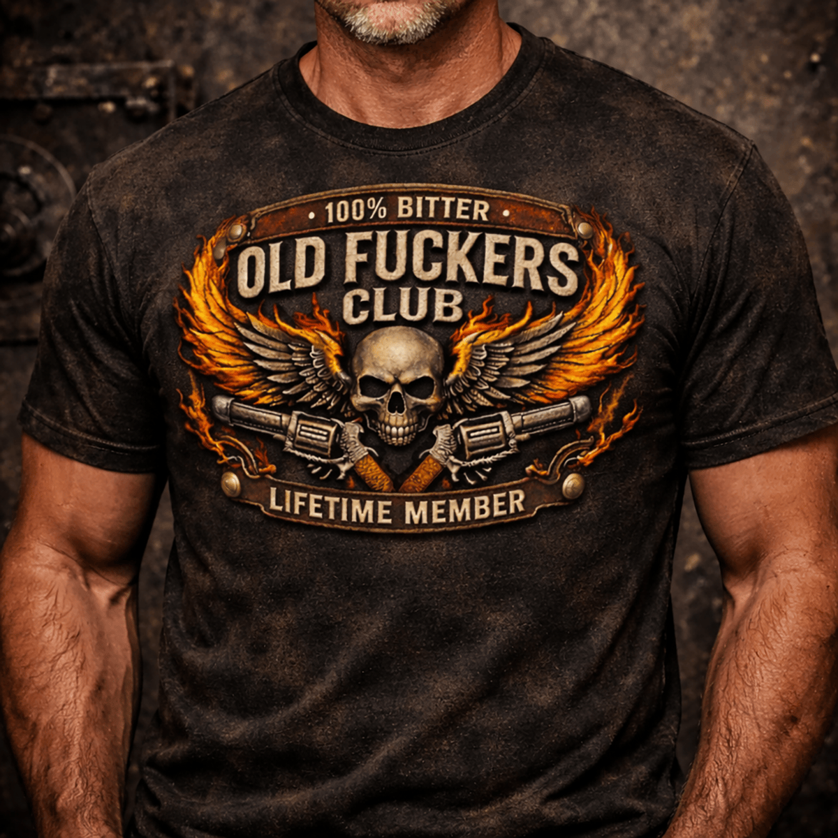 Bitter Old Fckers Club Lifetime Member Skull Wings Printed T Shirt Funny Biker Graphic Tee Gift for Dad Father’s Day Rebel Tee