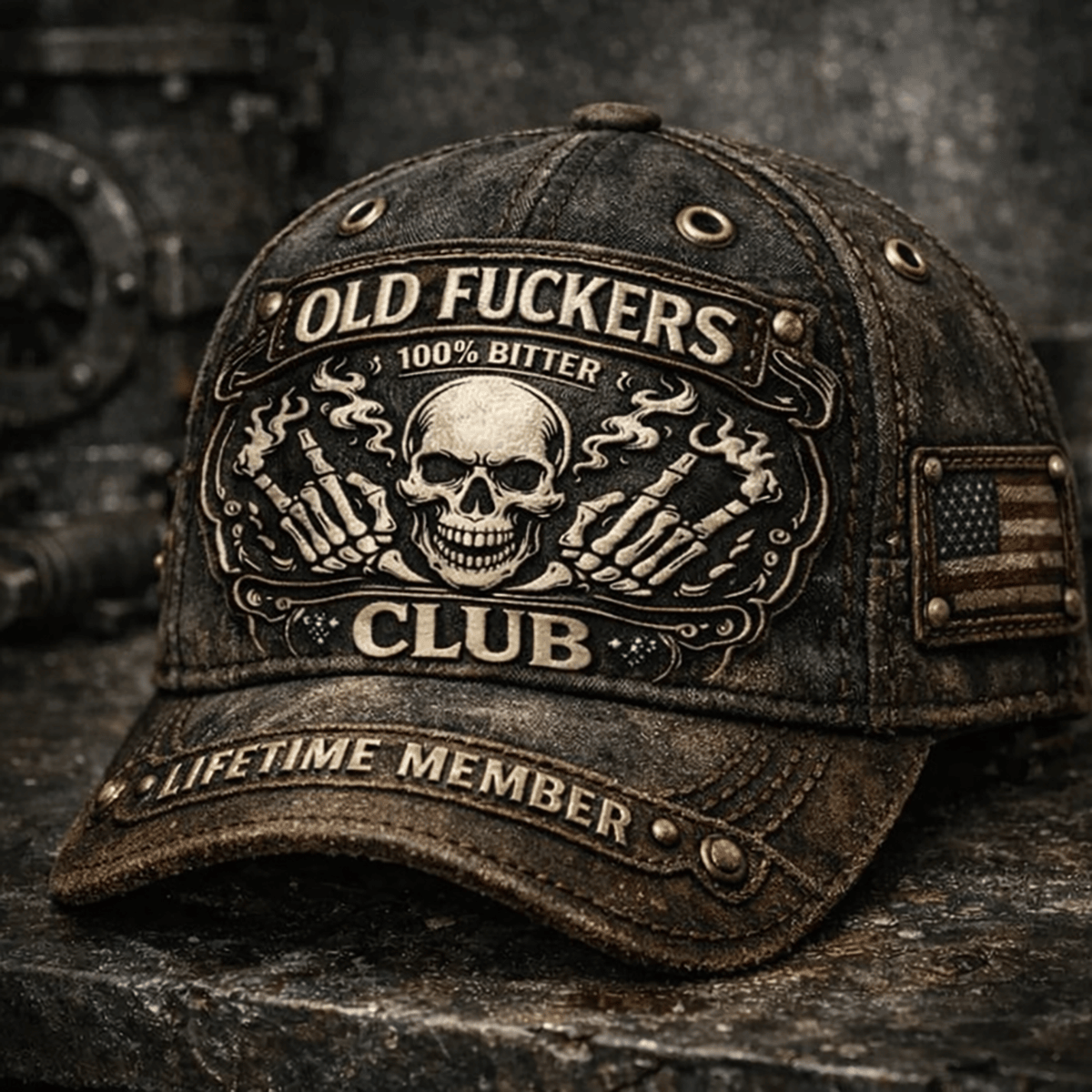 Old Fckers Club Bitter Lifetime Member Skull Printed Vintage Cap Funny Biker Hat Rebel Style Gift for Dad Father’s Day Humor Patriotic Cap