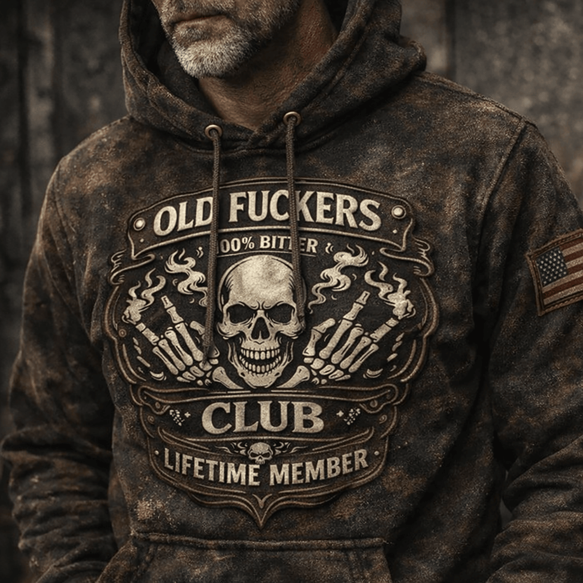 Old Fckers Club Bitter Lifetime Member Skull Printed Hoodie Funny Biker Graphic Apparel Rebel Style Gift for Dad Father’s Day Humor Hoodie