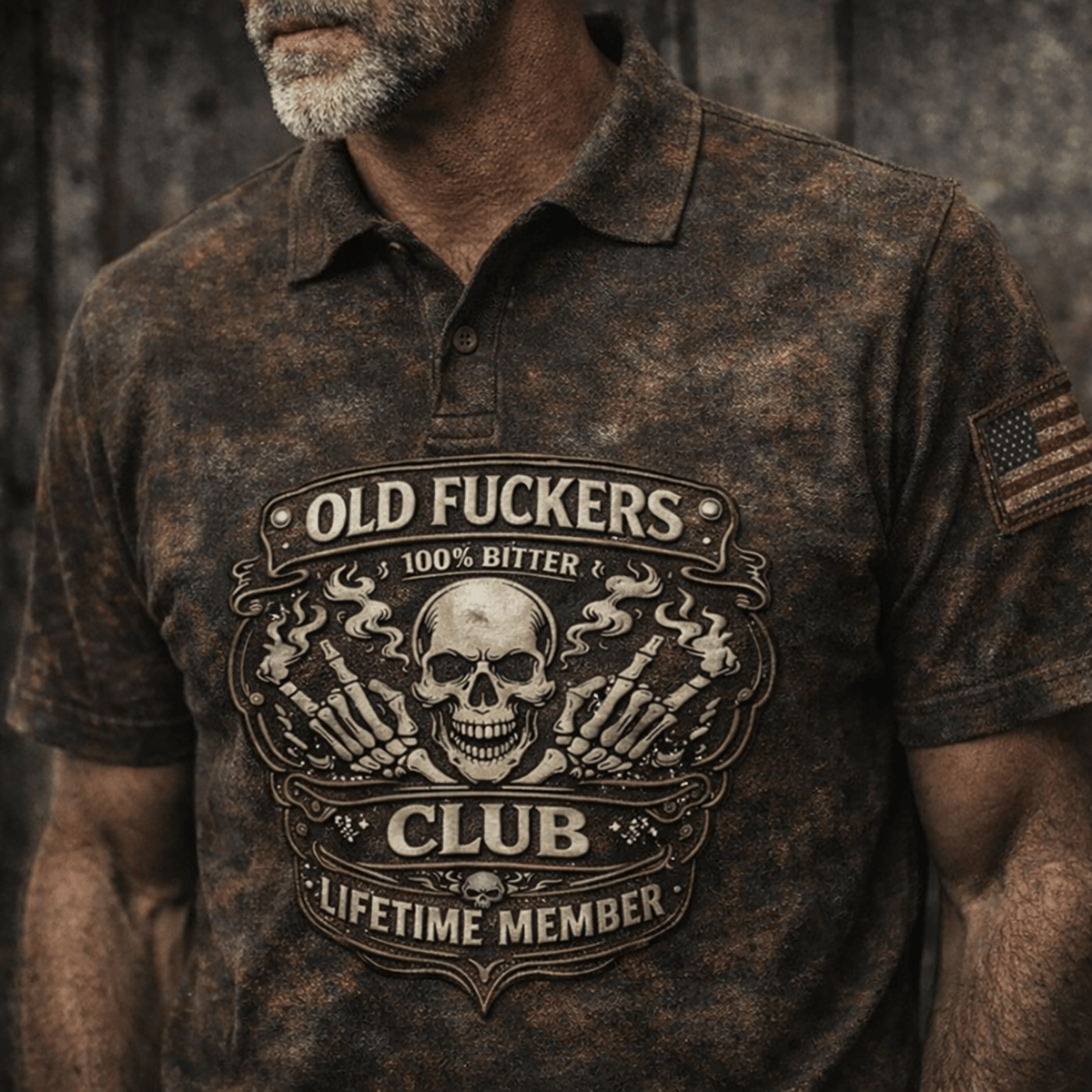 Old Fckers Club Bitter Lifetime Member Skull Printed Polo Shirt Funny Biker Graphic Apparel Rebel Style Gift for Dad Father’s Day Humor Polo