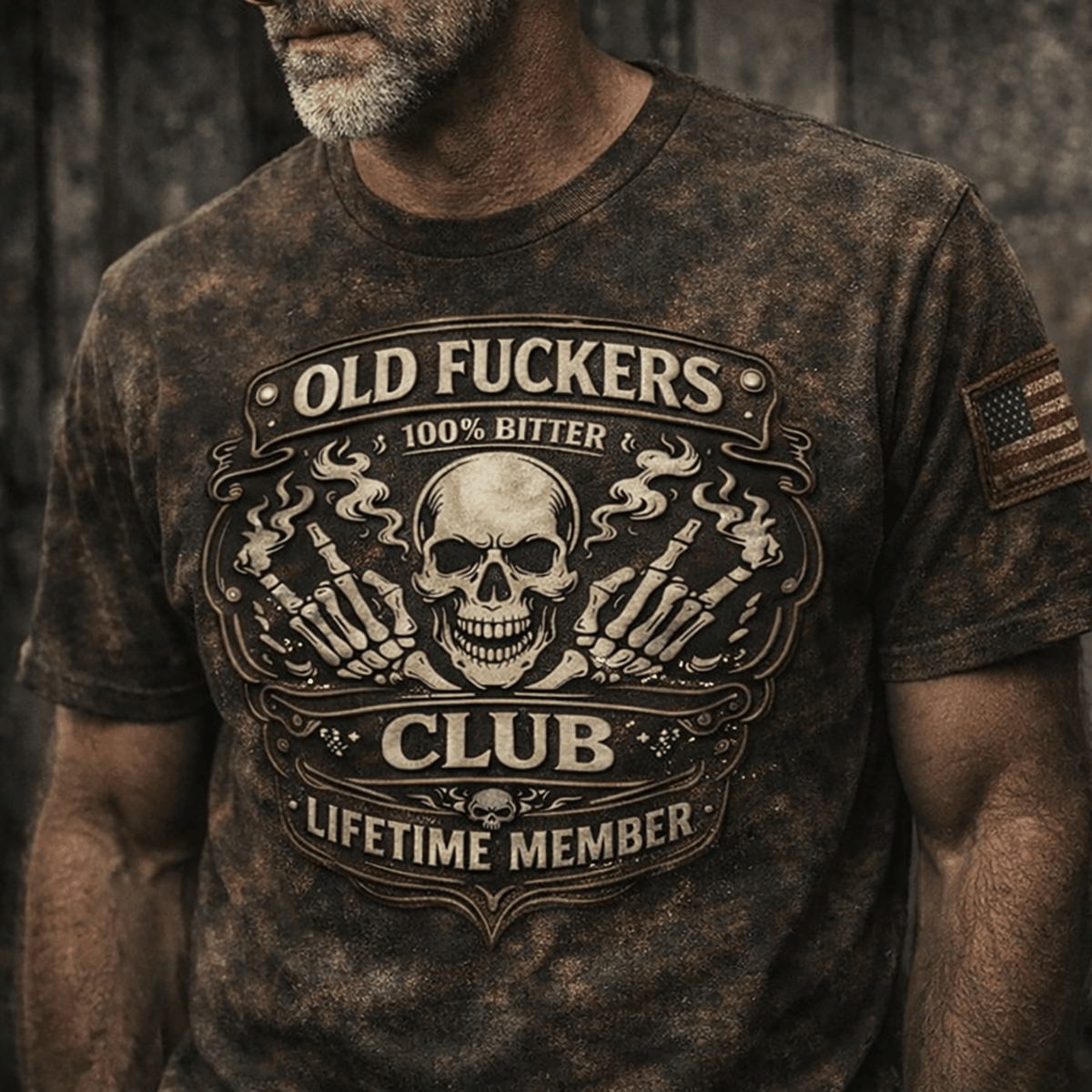 Old Fckers Club Bitter Lifetime Member Skull Printed T Shirt Funny Biker Graphic Tee Rebel Style Gift for Dad Father’s Day Humor Tee