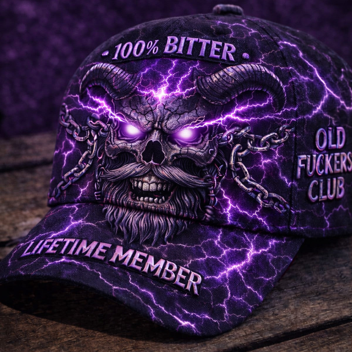 Bitter Old Fckers Club Purple Lightning Skull Printed Cap Lifetime Member Biker Veteran Hat Father’s Day Gift for Dad Grandpa
