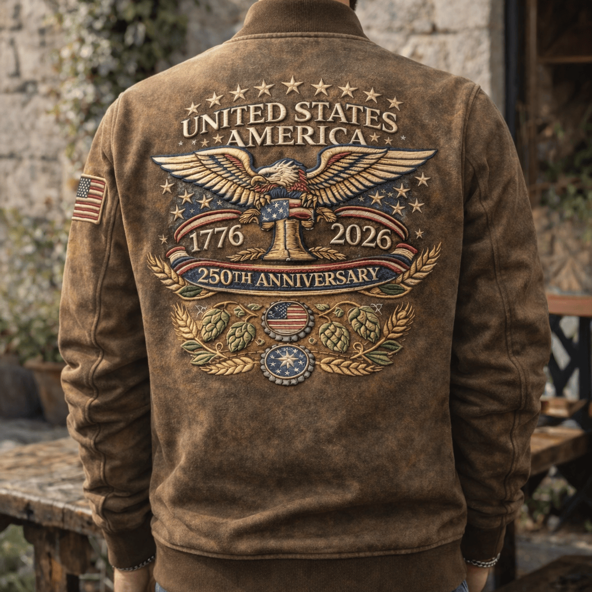 United States of America Eagle Patriotic Printed Bomber Jacket 1776-2026 250th Anniversary Vintage USA Pride Father’s Day Gift for Dad Veteran