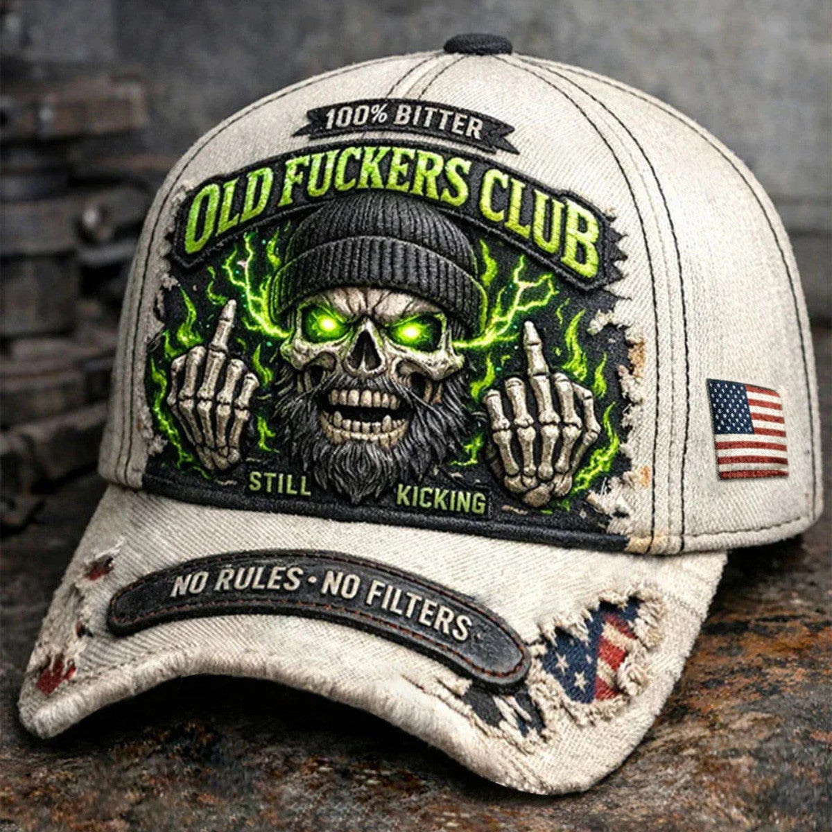 Old Fckers Club Skull Middle Finger Printed Cap Bitter Old Man Biker Hat Vintage American Flag Father’s Day Gift for Dad Grandpa