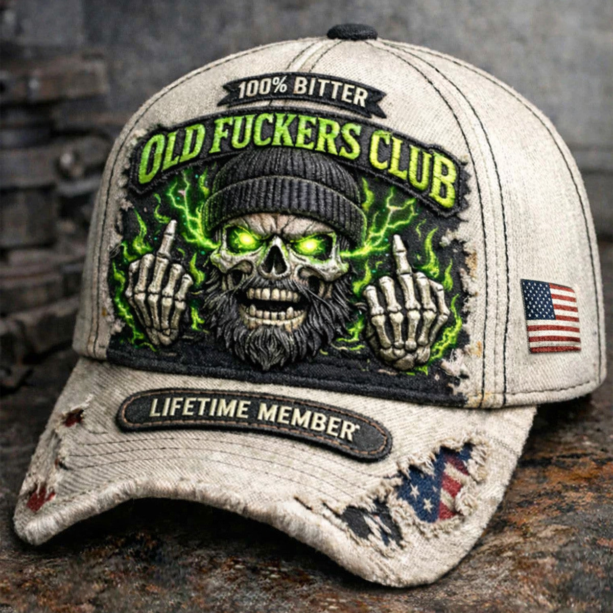 Old Fckers Club Skull Beanie Printed Cap Lifetime Member Biker Hat Vintage American Flag Father’s Day Gift for Dad Grandpa
