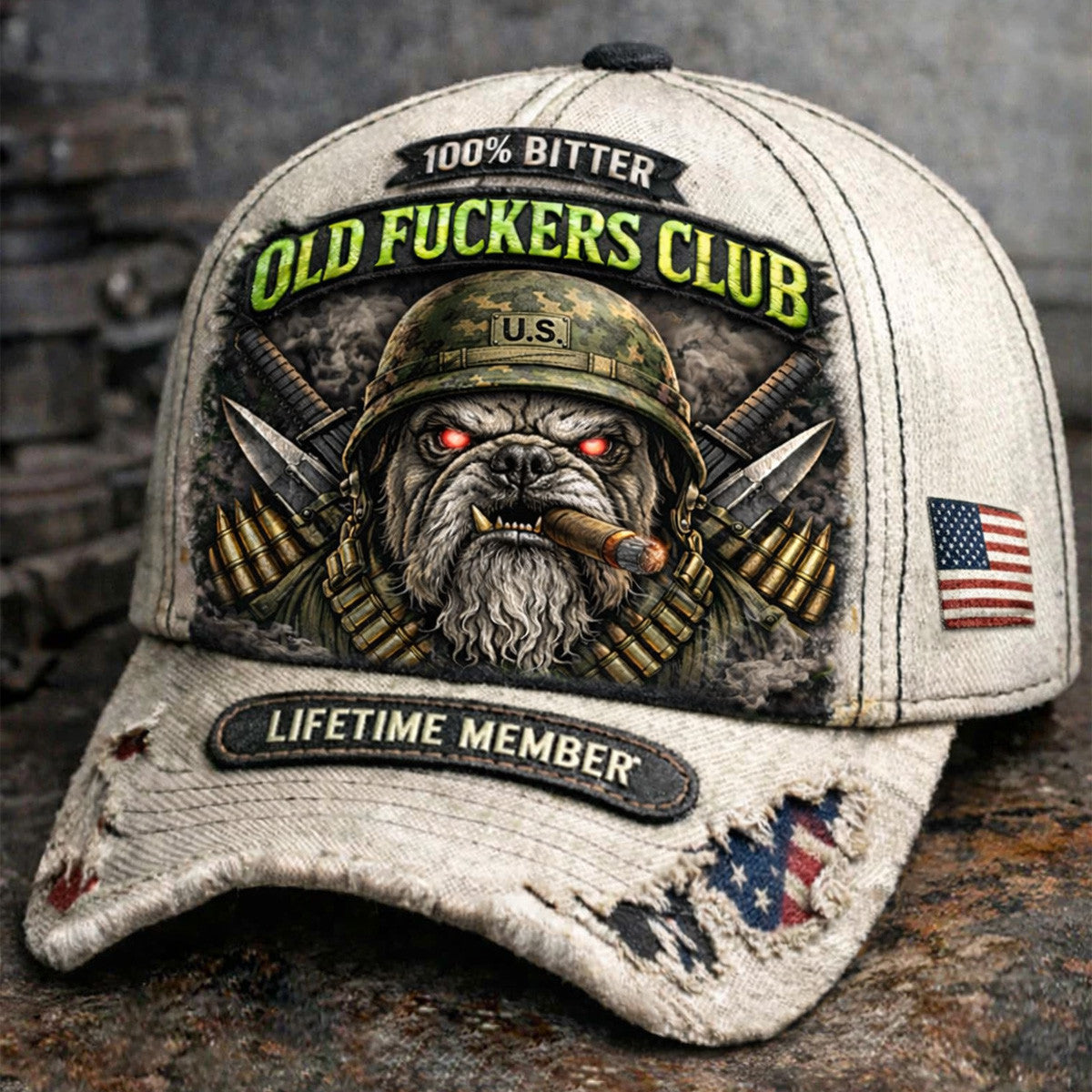 Old Fckers Club Bulldog Soldier Printed Cap Lifetime Member Veteran Biker Hat Vintage American Flag Father’s Day Gift for Dad