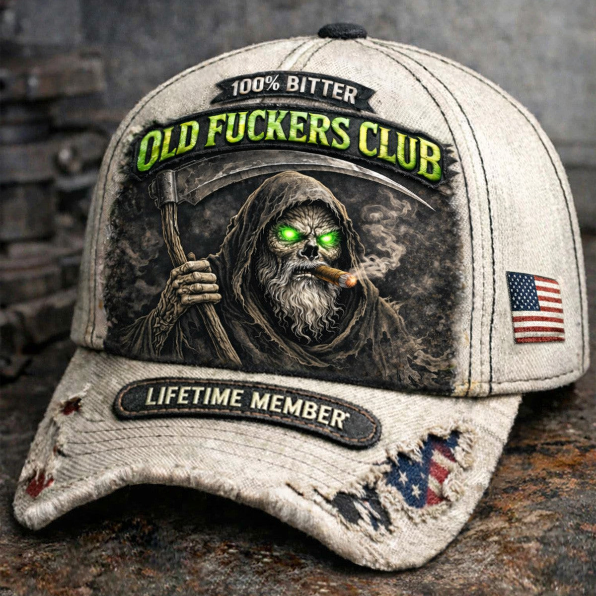 Old Fckers Club Grim Reaper Printed Cap Lifetime Member Biker Hat Vintage American Flag Father’s Day Gift for Dad Skull Style