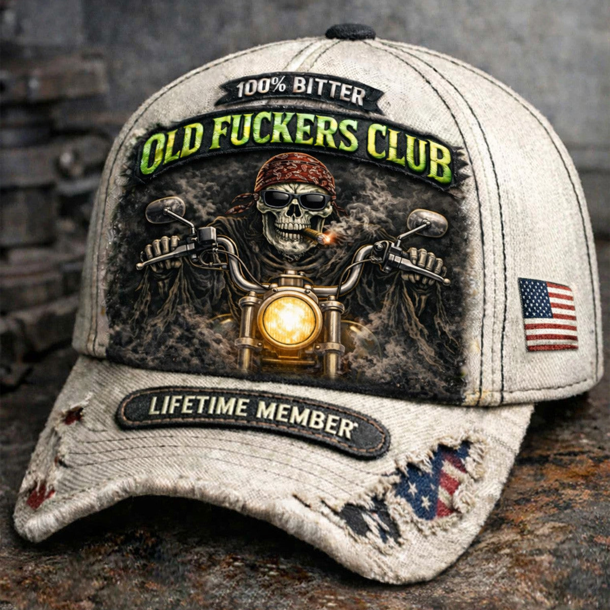 Old Fckers Club Skeleton Biker Printed Cap Lifetime Member Motorcycle Hat Vintage American Flag Father’s Day Gift for Dad