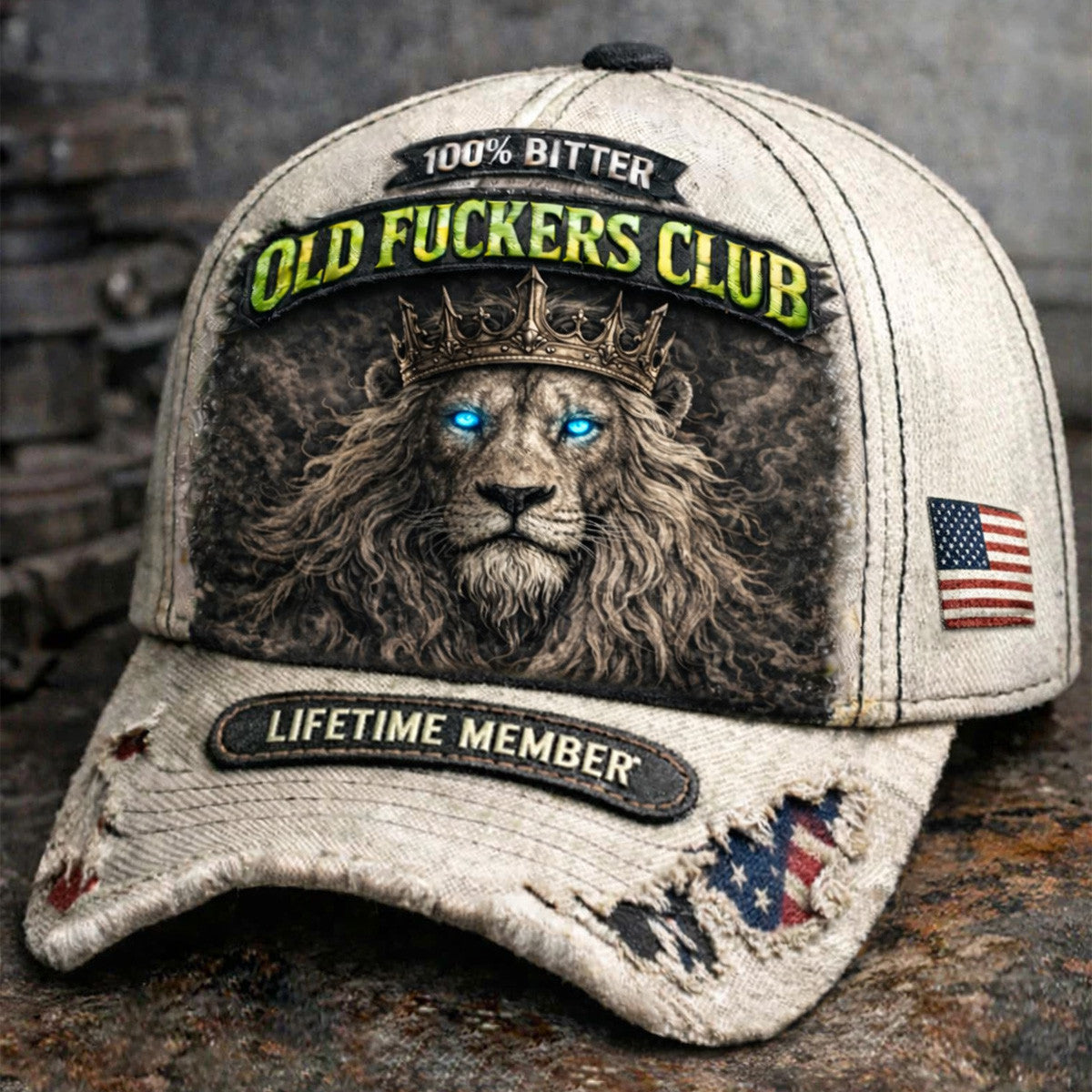 Old Fckers Club King Lion Crown Printed Cap Lifetime Member Biker Hat Vintage American Flag Father’s Day Gift for Dad