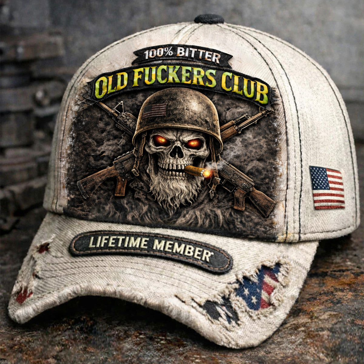 Old Fckers Club Skull Soldier Guns Printed Cap Lifetime Member Veteran Biker Hat Vintage American Flag Father’s Day Gift for Dad