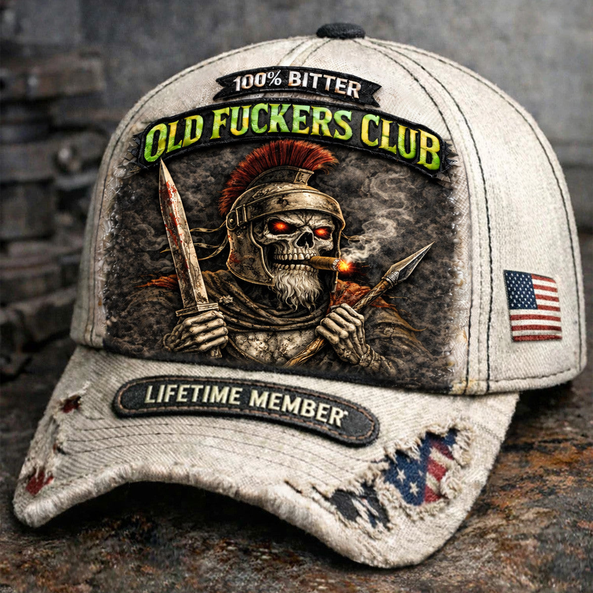 Old Fckers Club Roman Skull Warrior Printed Cap Lifetime Member Biker Hat Vintage American Flag Father’s Day Gift for Dad