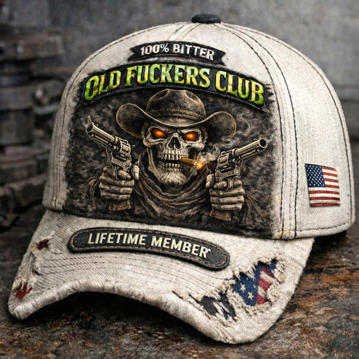 Old Fckers Club Cowboy Skull Guns Printed Cap Lifetime Member Biker Hat Vintage American Flag Father’s Day Gift for Dad