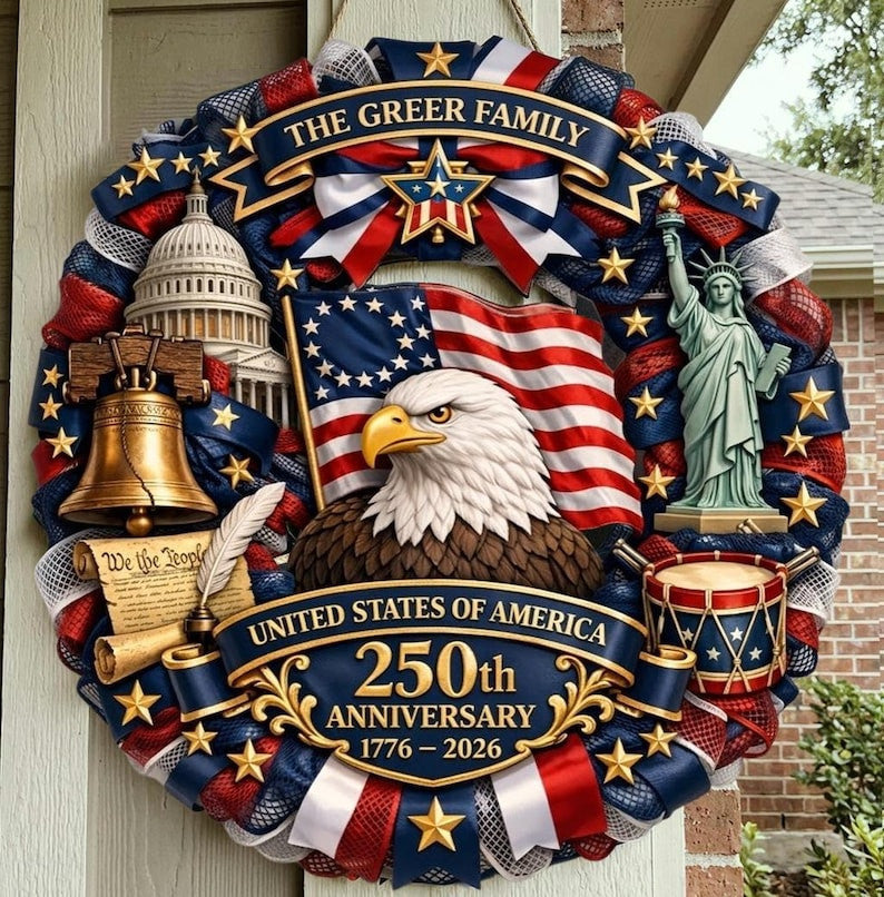 Patriotic Wreath 250th Anniversary 1776-2026, Semiquincentennial American Eagle Front Door Decor, USA Patriotic Door Hanger