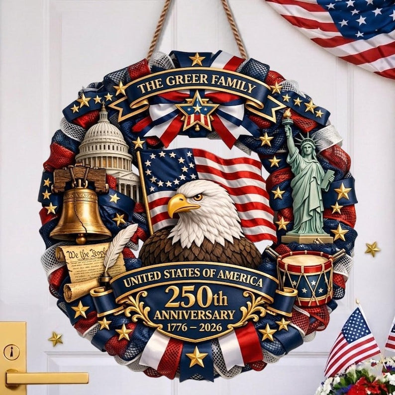 Patriotic Wreath 250th Anniversary 1776-2026, Semiquincentennial American Eagle Front Door Decor, USA Patriotic Door Hanger