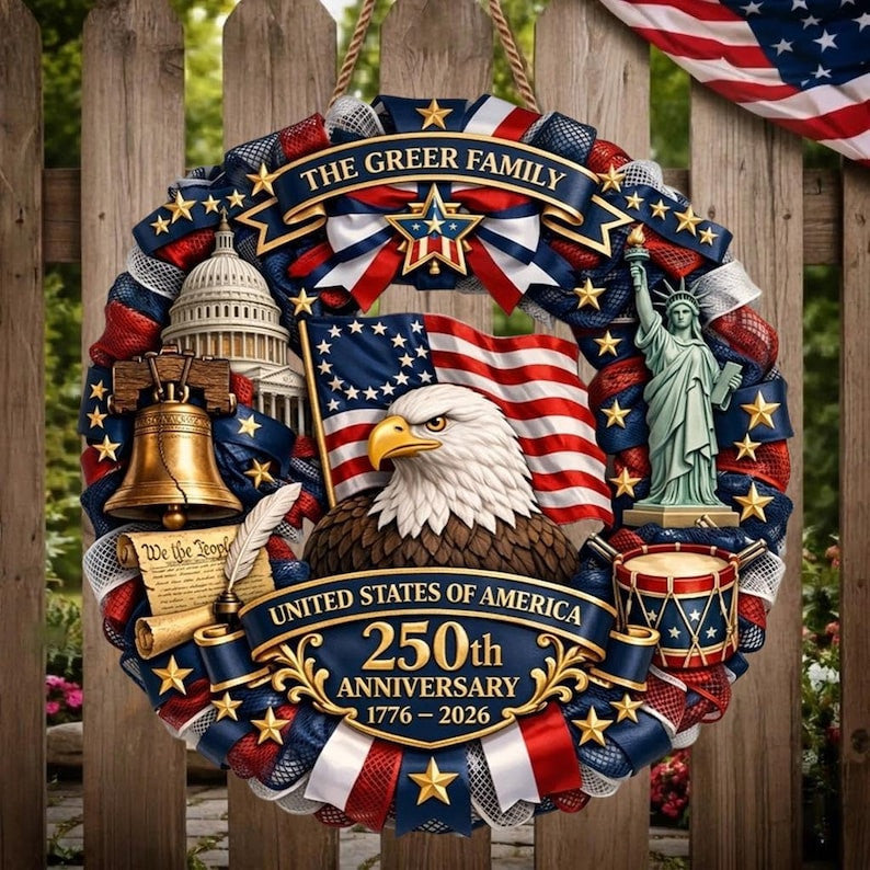 Patriotic Wreath 250th Anniversary 1776-2026, Semiquincentennial American Eagle Front Door Decor, USA Patriotic Door Hanger