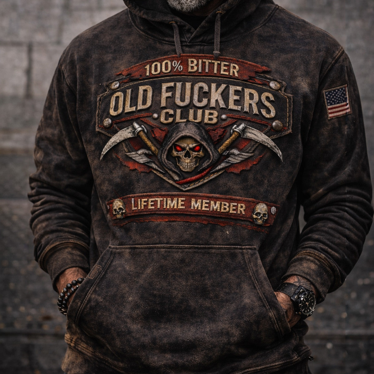Old Fckers Club Skull Vintage Printed Hoodie Funny Biker Skull Graphic Lifetime Member Humor Gift for Dad Grandpa