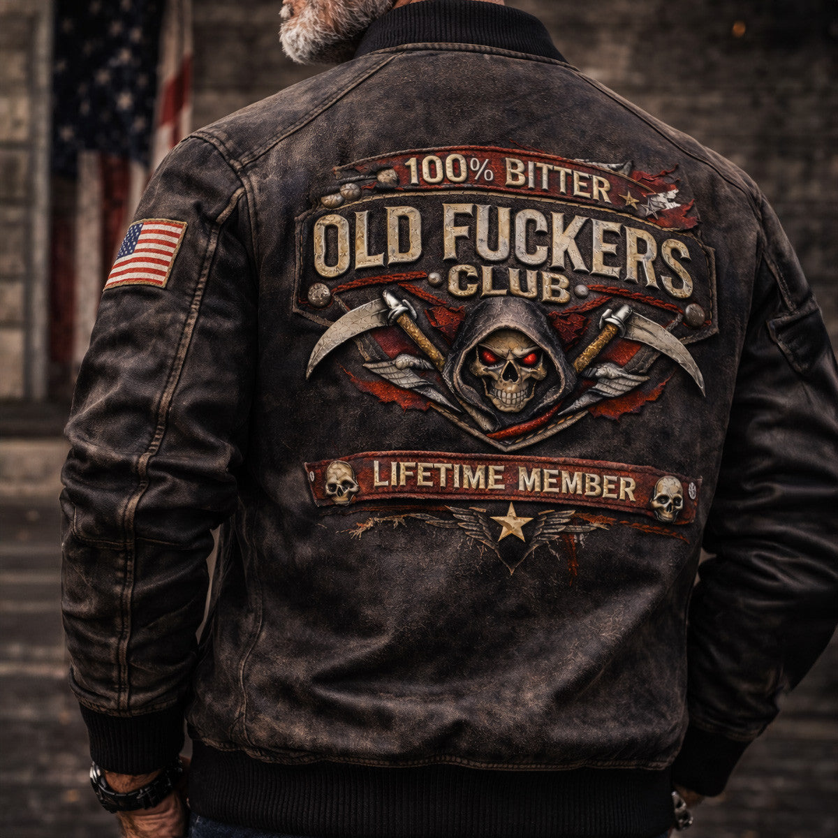 Old Fckers Club Skull Vintage Printed Bomber Jacket Funny Biker Skull Graphic Lifetime Member Vintage Gift for Dad Grandpa Biker Style