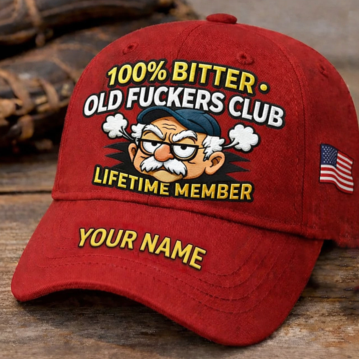 Bitter Old Fckers Club Lifetime Member Personalized Printed Cap Funny Angry Grandpa Hat Custom Name USA Flag Patriotic Gift for Dad