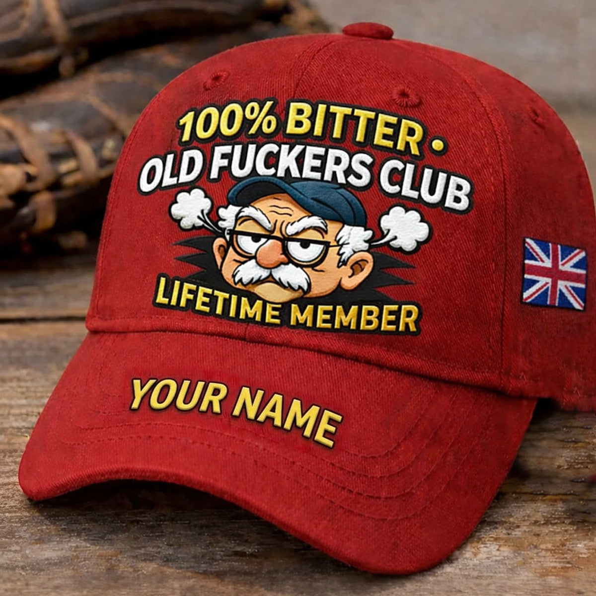 Bitter Old Fckers Club Lifetime Member Personalized Printed Cap Funny Angry Grandpa Hat Custom Name UK Flag British Gift for Dad