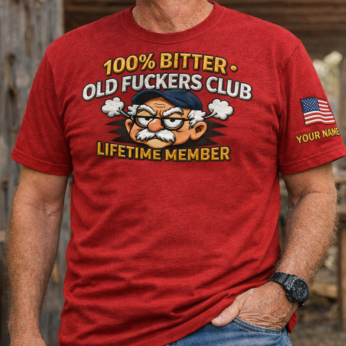 Bitter Old Fckers Club Lifetime Member Personalized Printed T Shirt Funny Angry Grandpa Graphic Custom Name USA Flag Gift for Dad