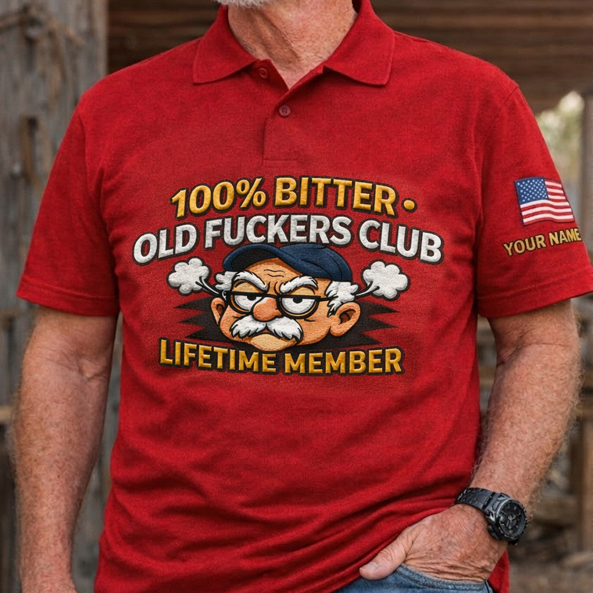 Bitter Old Fckers Club Lifetime Member Personalized Printed Polo Shirt Funny Angry Grandpa Graphic Custom Name USA Flag Gift for Dad