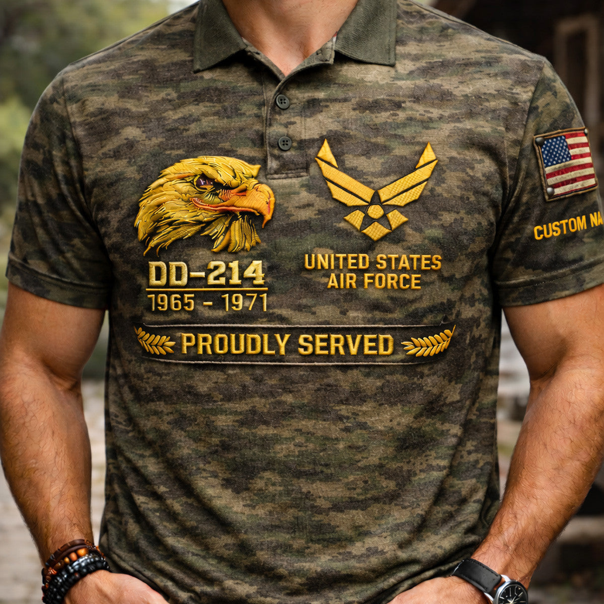 Custom US Air Force Veteran DD214 1965-1971 Proudly Served Personalized Printed Camo Polo Shirt USAF Military Veteran Gift Custom Name