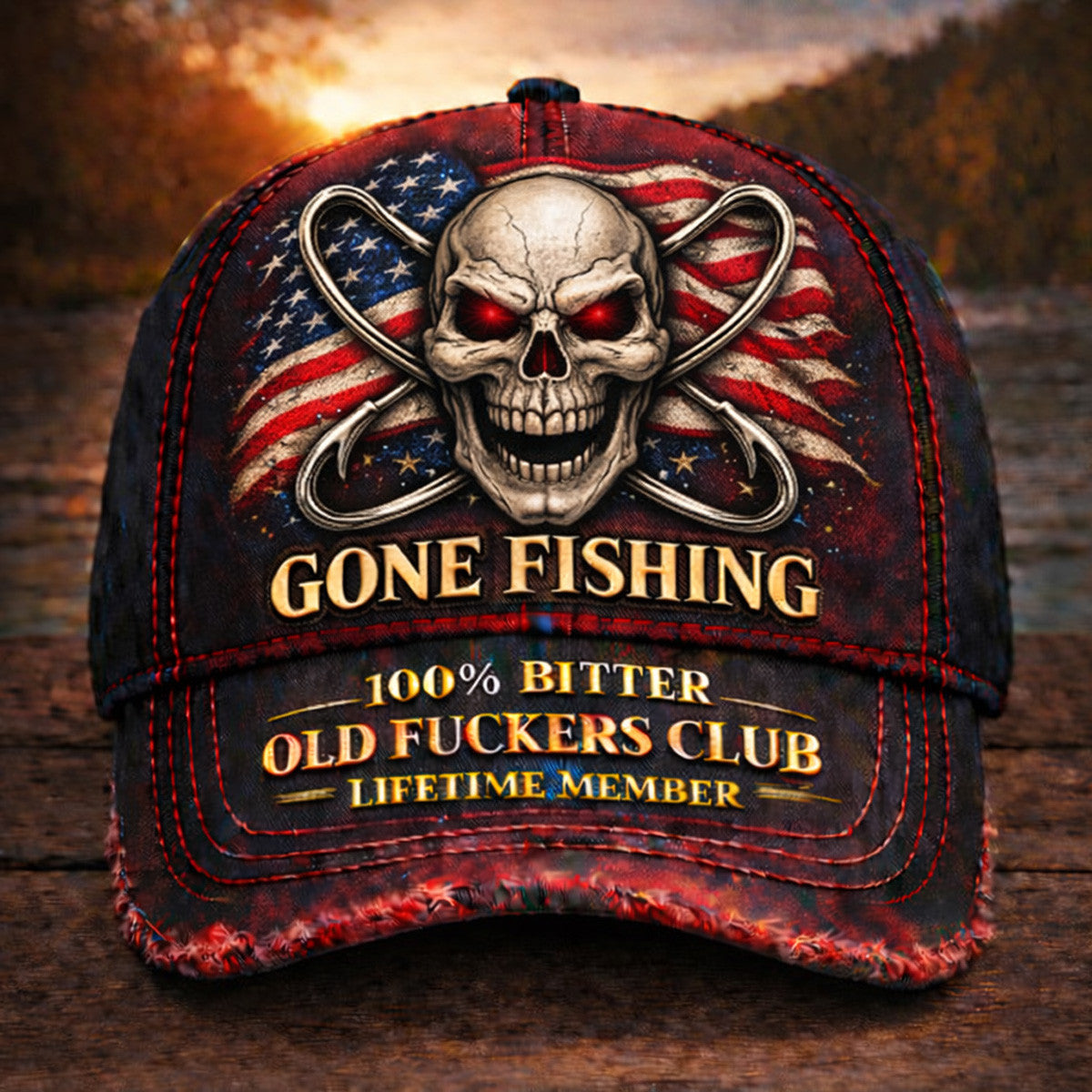 Gone Fishing Bitter Old Fckers Club Lifetime Member Printed Fishing Cap Skull USA Flag Angler Hat Funny Fisherman Gift