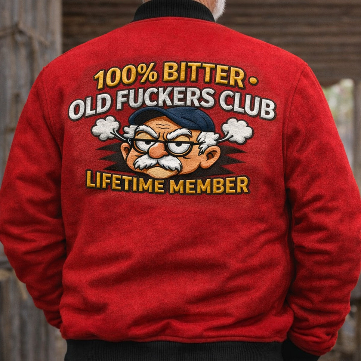 Bitter Old Fckers Club Lifetime Member Printed Bomber Jacket Funny Angry Grandpa Graphic USA Flag Vintage Gift for Dad
