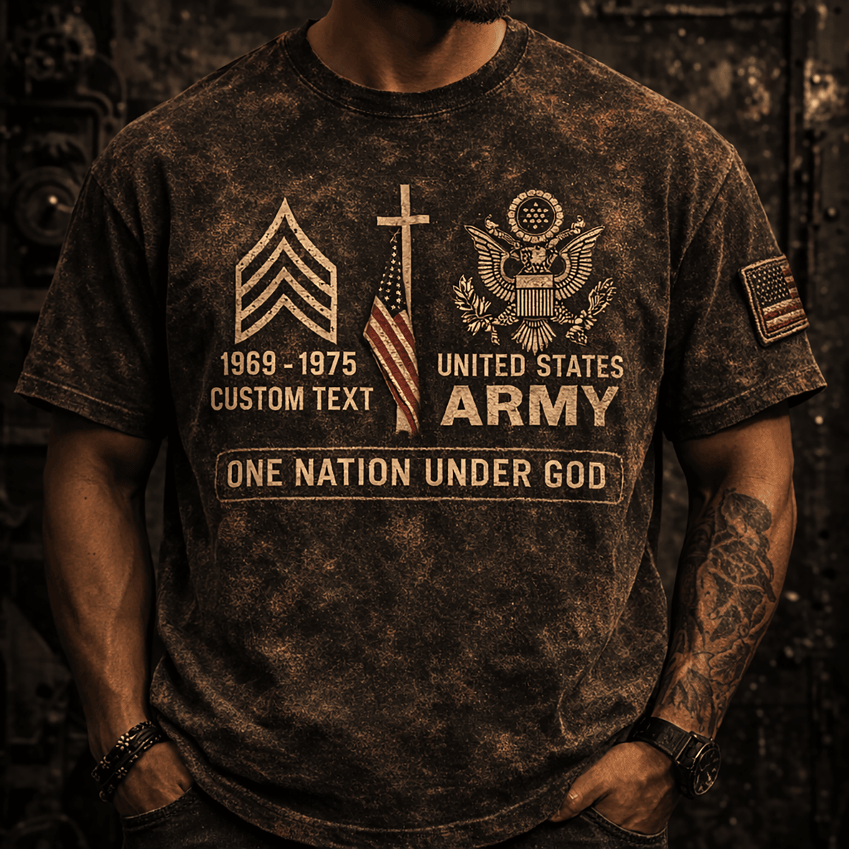 Custom United States Veteran 1969-1975 Printed T-Shirt, One Nation Under God Patriotic Military Tee, Veteran Dad Father's Day Gift