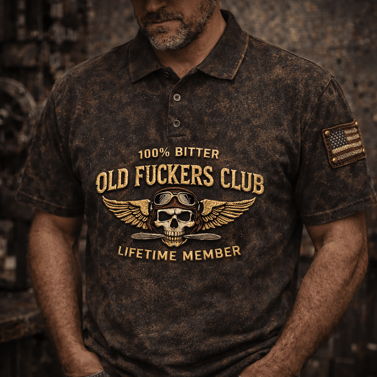 Old Fckers Club Printed Polo Shirt, Bitter Lifetime Member Skull Pilot Graphic, Funny Father’s Day Gift for Dad Grandpa Biker Style