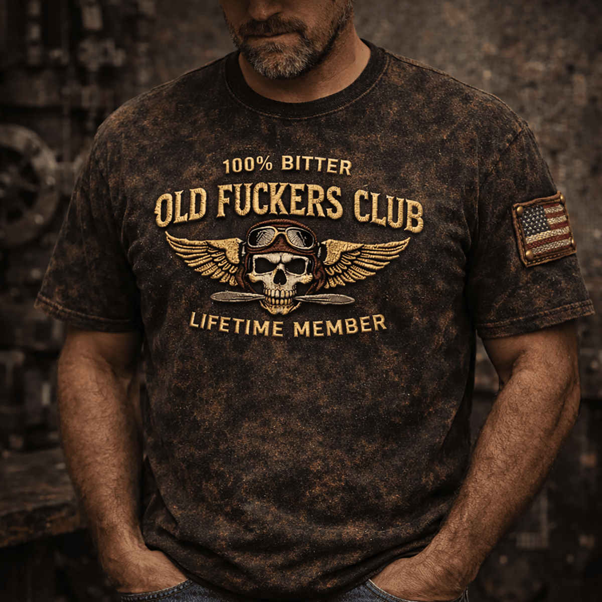 Old Fckers Club Printed T-Shirt, Bitter Lifetime Member Skull Pilot Graphic Tee, Funny Father’s Day Gift for Dad Grandpa Biker Style