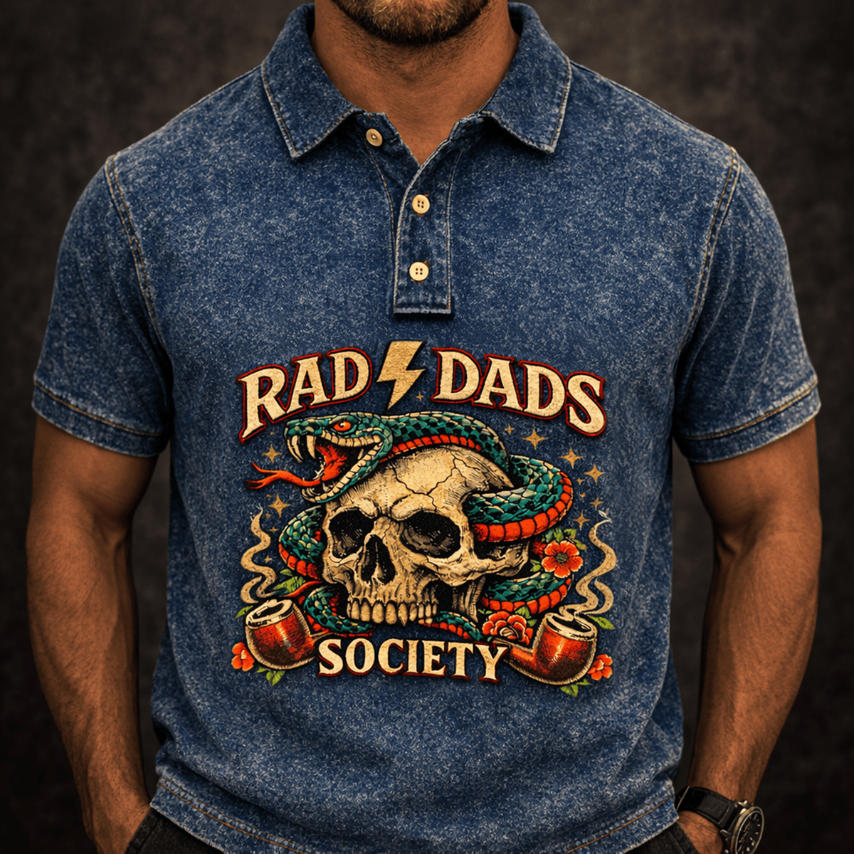 Rad Dads Society Printed Polo Shirt, Skull Snake Graphic Vintage Dad Biker Style Apparel, Funny Father’s Day Gift for Dad Retro Design