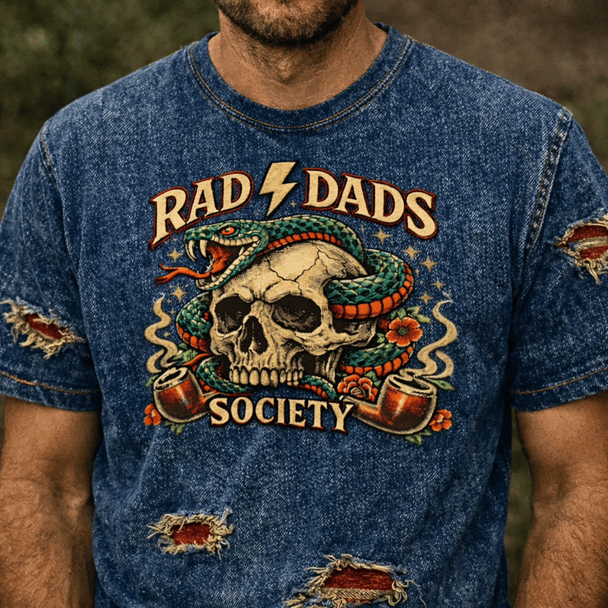 Rad Dads Society Printed T-Shirt, Skull Snake Graphic Vintage Dad Biker Style Tee, Funny Father’s Day Gift for Dad Retro Skull Design