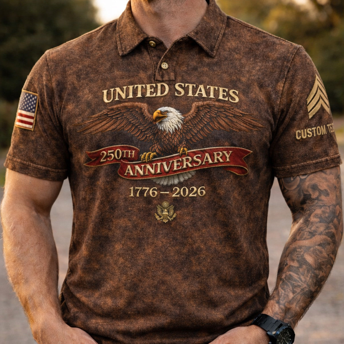 Custom Name United States 250th Anniversary 1776-2026 Printed Polo Shirt, Patriotic American Eagle Graphic Apparel, USA 250 Celebration Gift