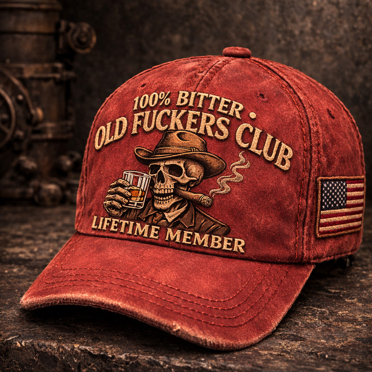 Bitter Old Fckers Club Printed Vintage Cap, Skull Cowboy Whiskey Cigar Graphic Hat, Funny Biker Dad Gift Patriotic USA Hat