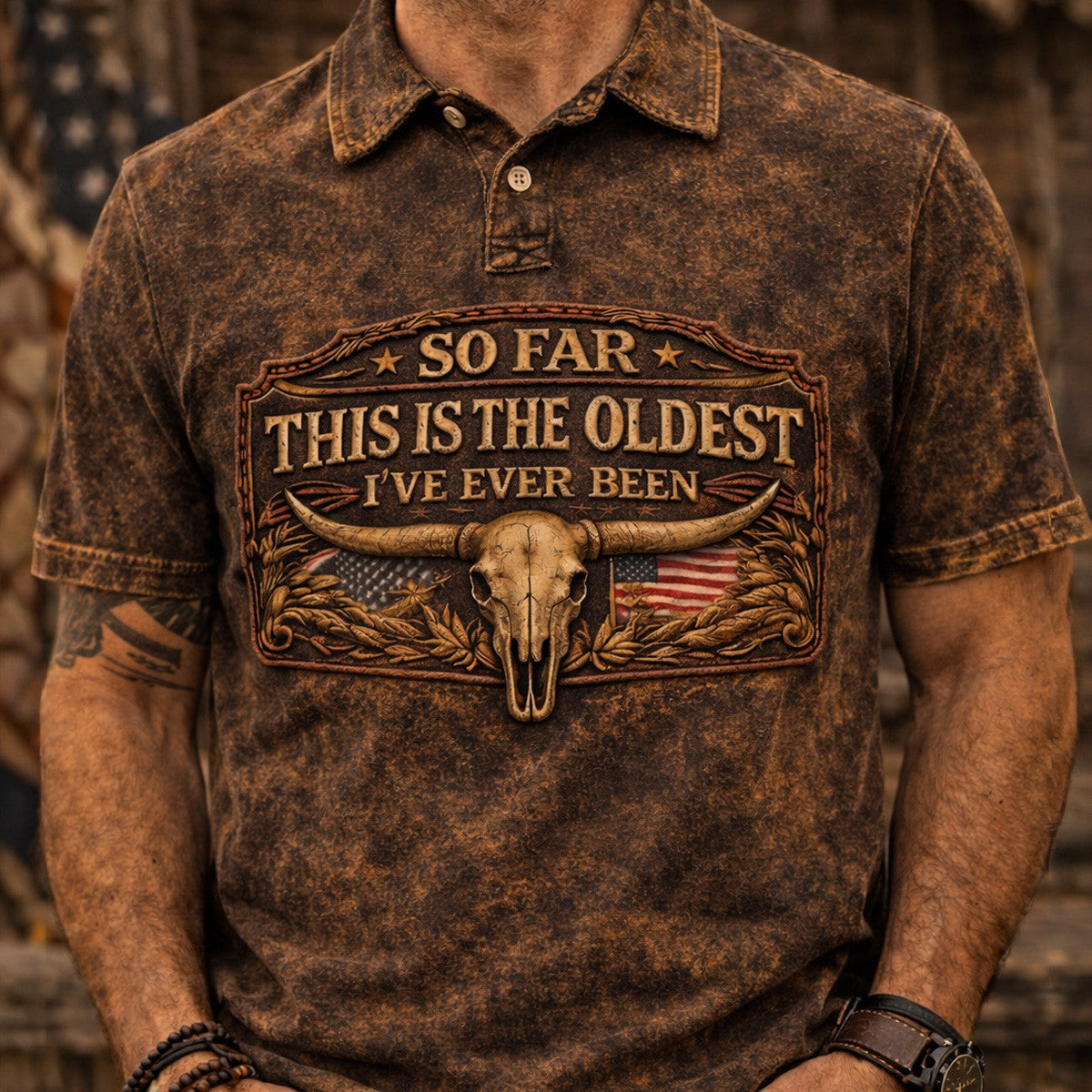 So Far This Is The Oldest I’ve Ever Been Printed Polo Shirt, Funny Old Man Humor Apparel, Western Bull Skull Patriotic USA Dad Gift