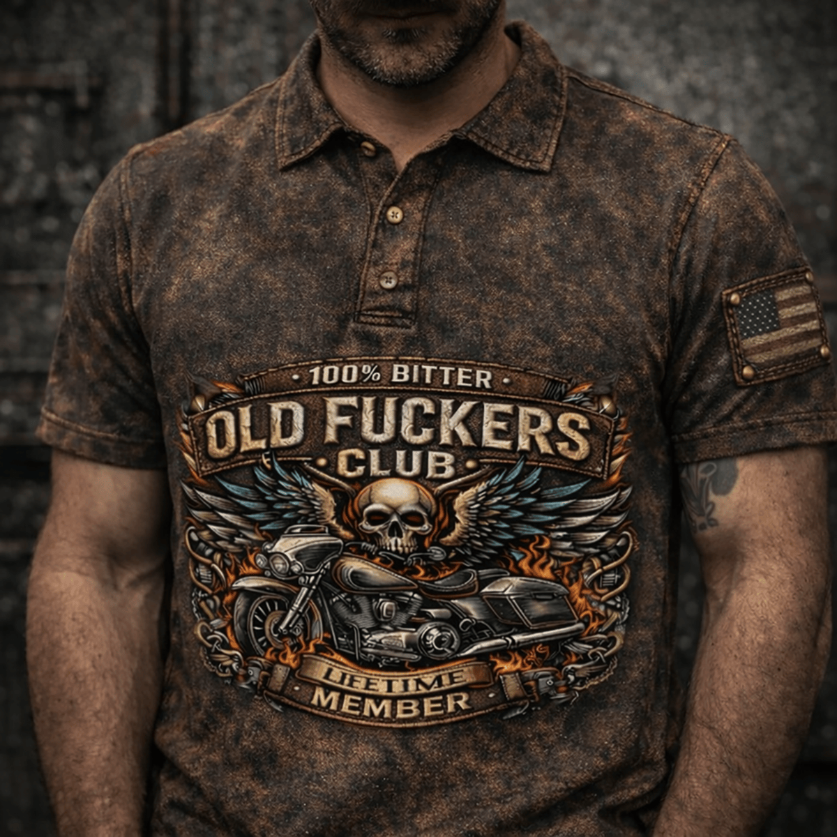Old Fckers Club Biker Skull Motorcycle Printed Polo Shirt, Vintage Rider Style, Funny Biker Gift for Dad, Father’s Day Motorcycle Gift
