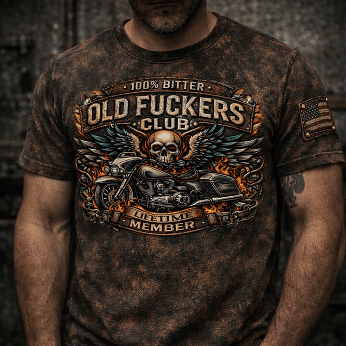 Old Fckers Club Biker Skull Motorcycle Print T-Shirt, Vintage Rider Graphic Tee, Funny Biker Gift for Dad, Father’s Day Gift Idea