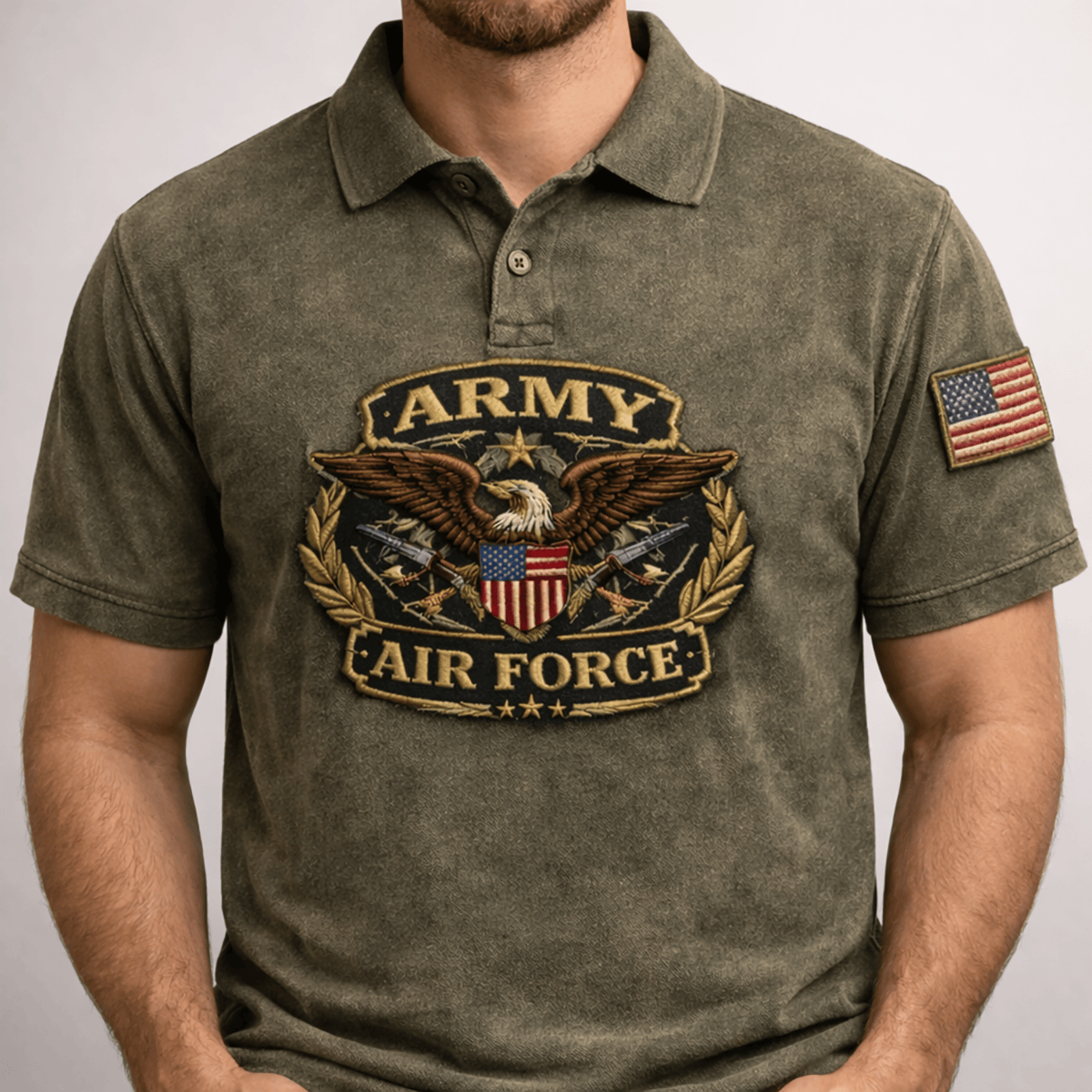 US Air Force Eagle Printed Polo Shirt, Vintage Patriotic Military Graphic, Veteran Style Apparel, Father’s Day Gift for Dad