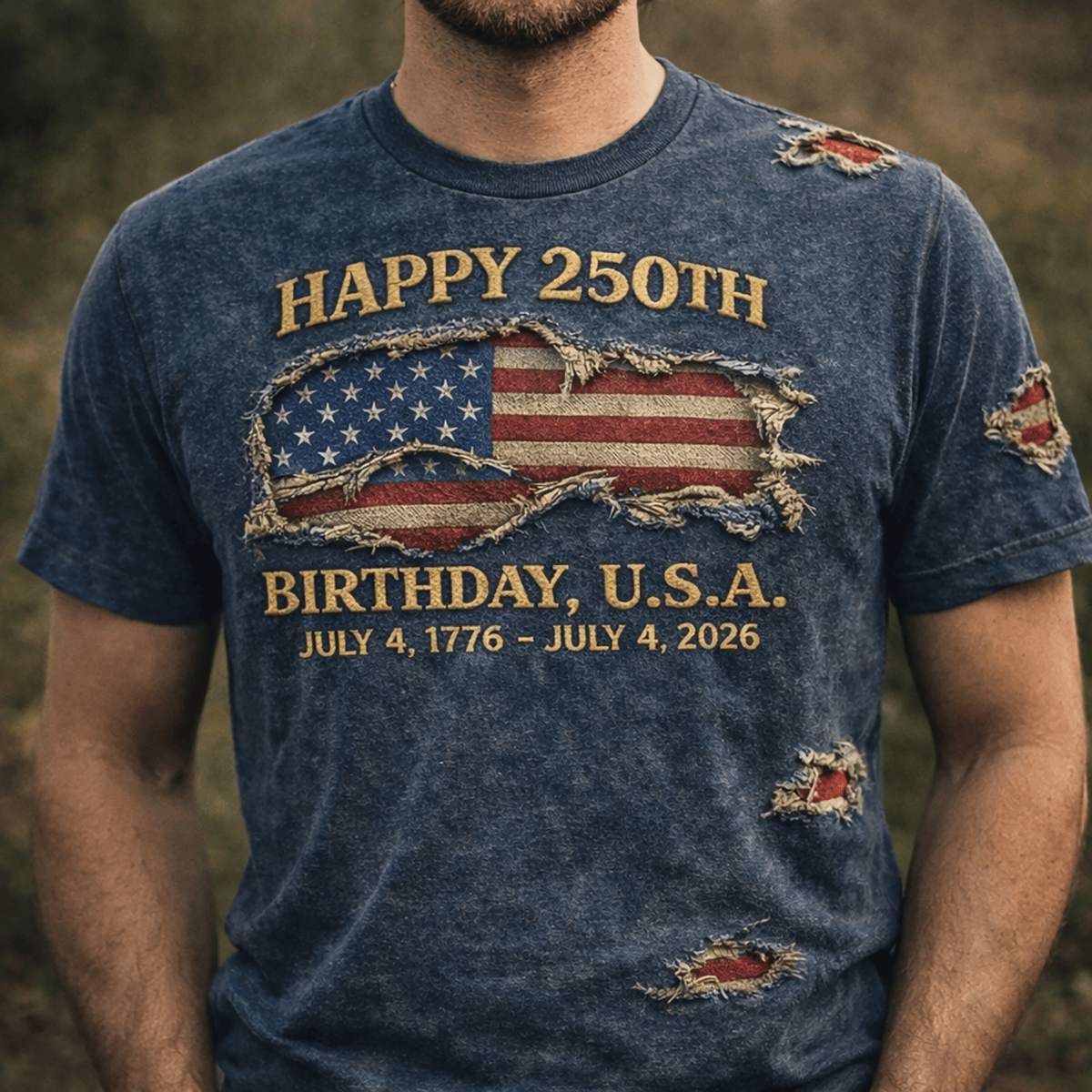 Happy 250th Birthday USA Print T-Shirt, Patriotic American Flag Distressed Graphic, July 4 1776–2026 Independence Day Father’s Day Gift