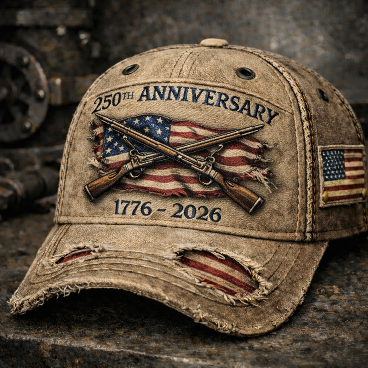 250th Anniversary USA Crossed Rifles Printed Cap, Patriotic American Flag Military Hat, 1776–2026 Independence Day Gif
