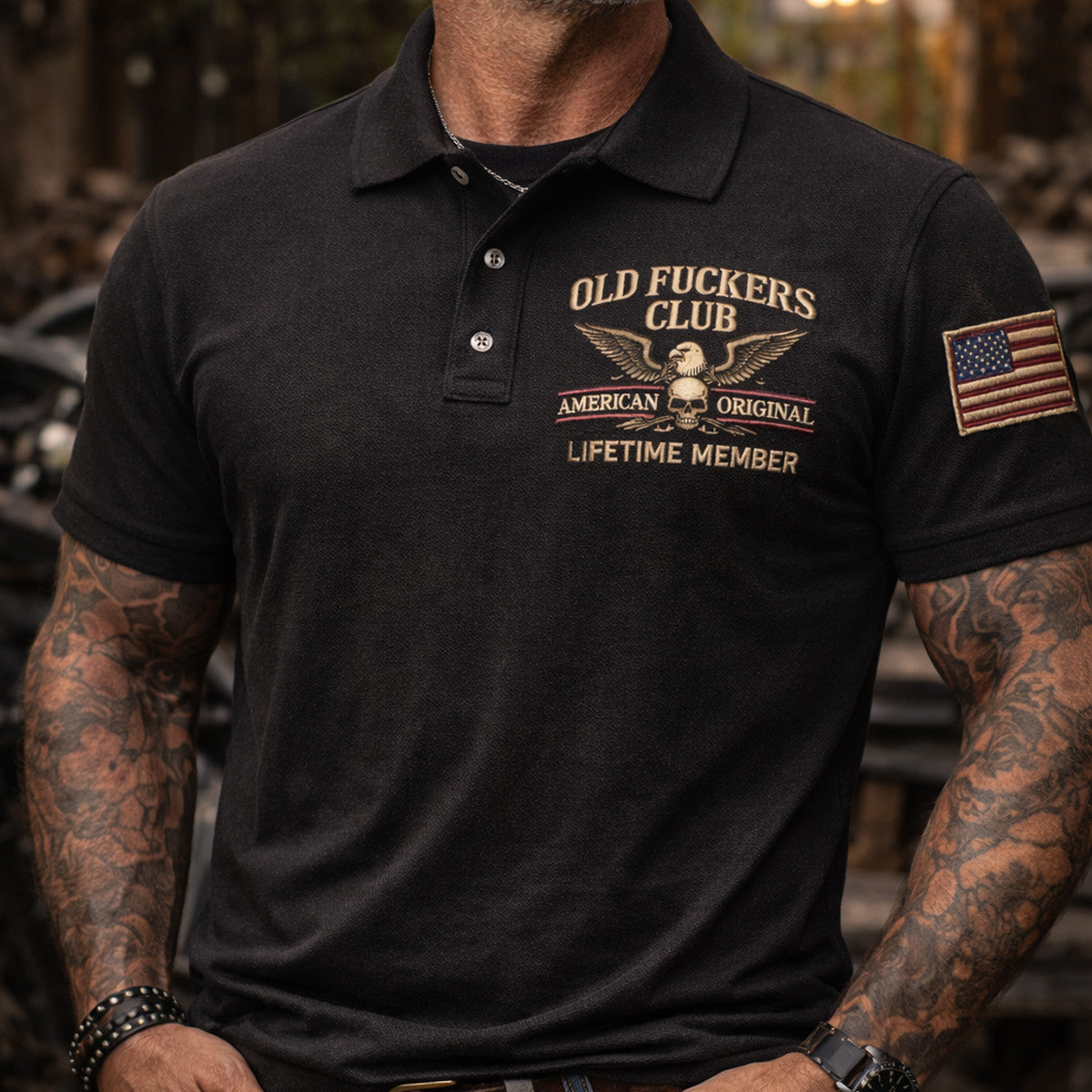 Old Fckers Club Eagle Skull Printed Polo Shirt, American Original Lifetime Member Biker Graphic, Funny Motorcycle Rider Gift for Dad