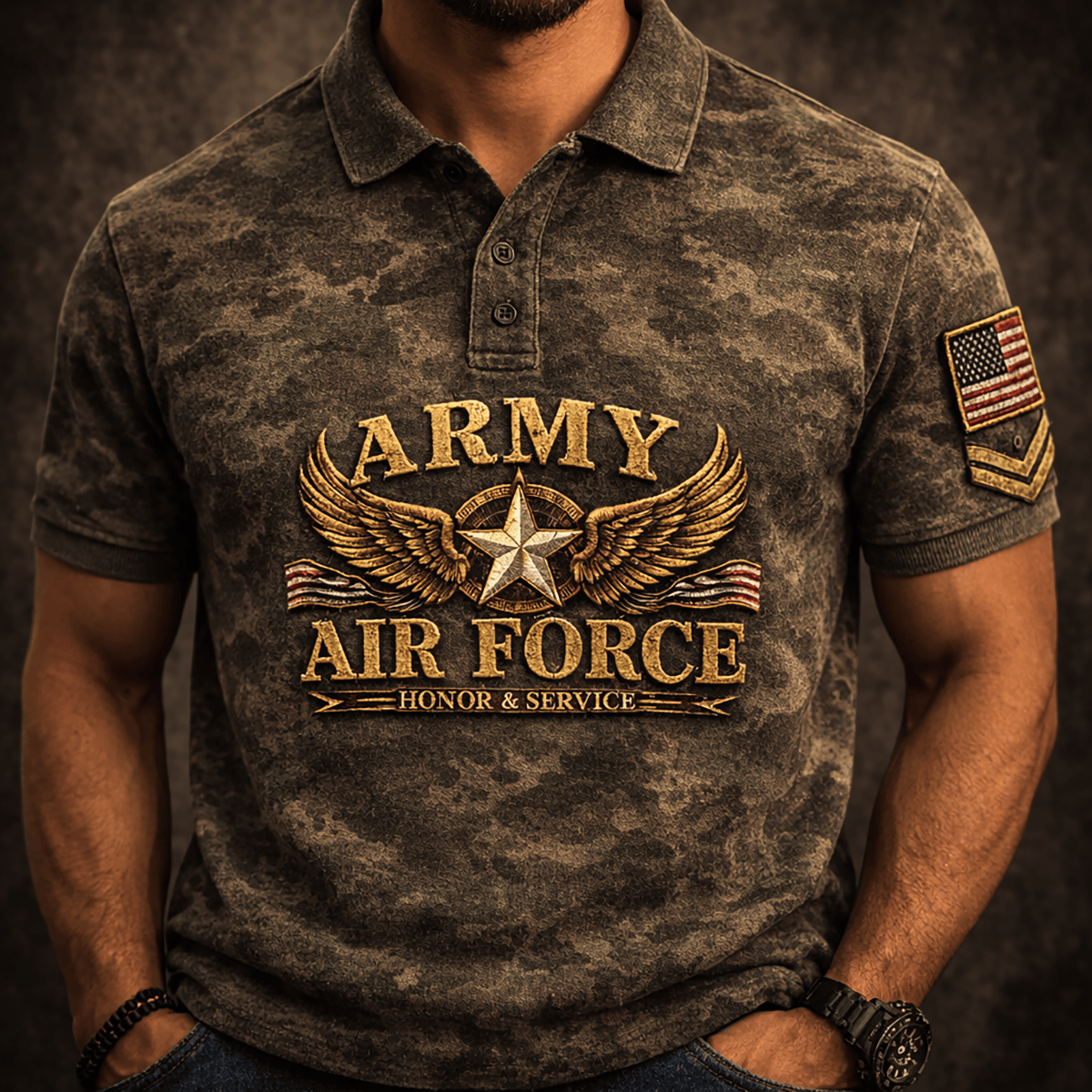 Custom Air Force Veteran Printed Camouflage Polo Shirt, Patriotic USA Flag Military Polo, Gift for Dad, Father’s Day Veteran Gift, Patriotic Polo Shirt